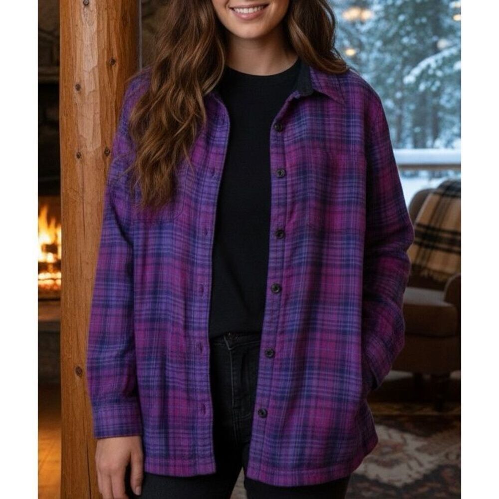LL Bean Shirt Jacket Shacket Button Down Flannel Cotton Purple size Large